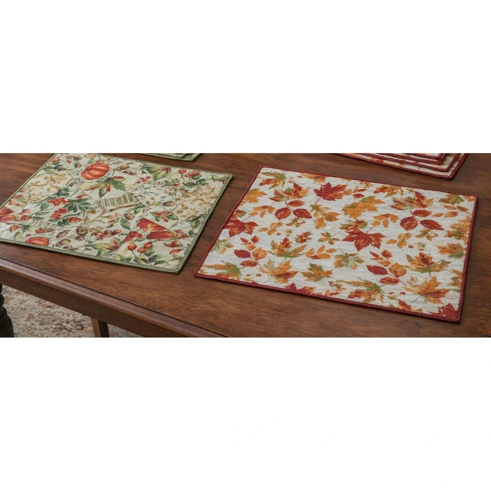 Fall Harvest Pumpkin Placemats Set of 8 pc Reversible Leaf Red Orange Cream